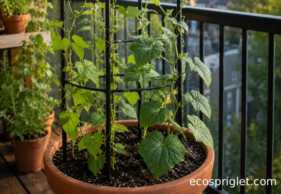 Climbing beans and compact cucumbers growing on a trellis in a large terracotta planter on a balcony.