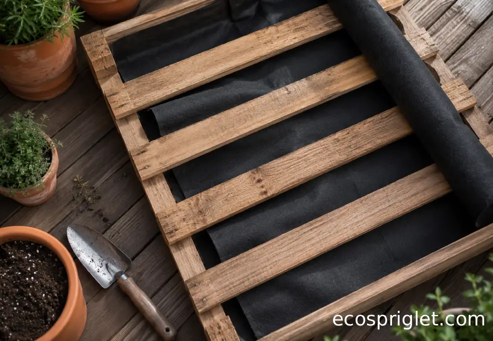 A heat-treated wooden pallet being lined as a vertical herb planter on a small Portland terrace.