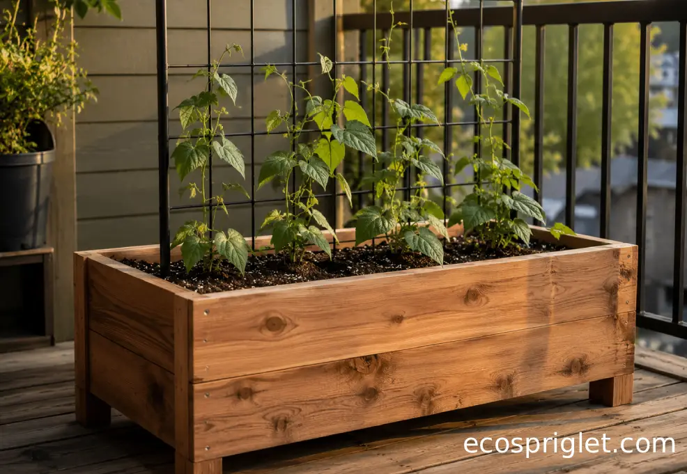 A compact raised planter box with a vertical trellis and young vegetables on a balcony.