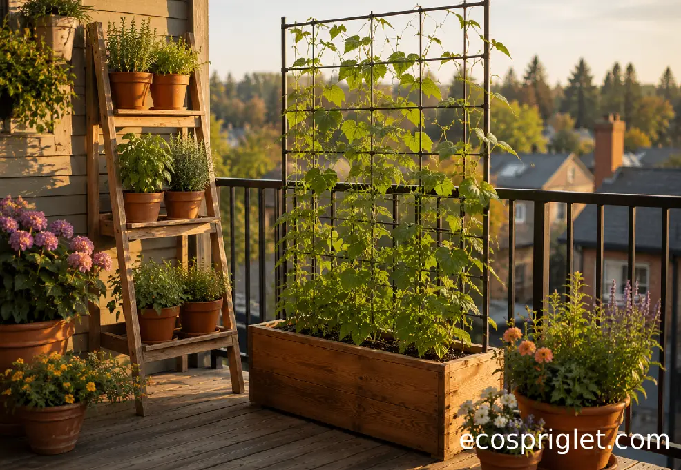 A beginner-friendly balcony vertical garden with herbs, climbing beans, and flowers in terracotta pots.