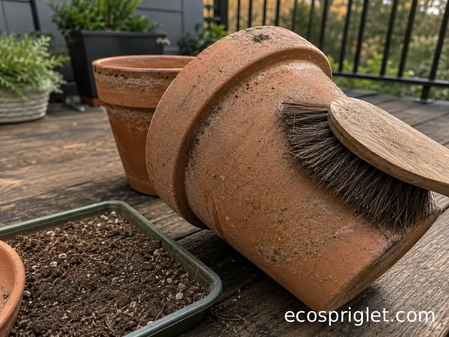 Dry terracotta pots are brushed clean on a wooden terrace table before washing.