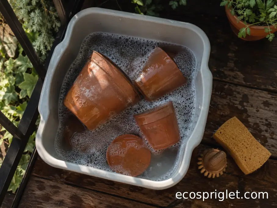 Terracotta pots soak in warm soapy water in a small cleaning tub on a balcony table.