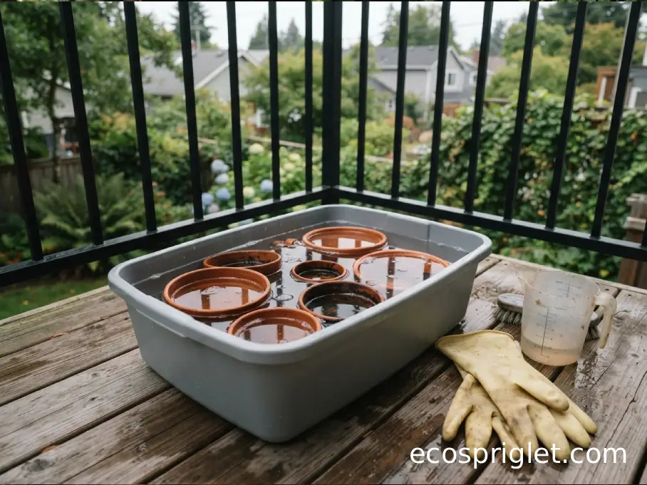 Clean terracotta pots soak in a diluted disinfecting bath on a small terrace.