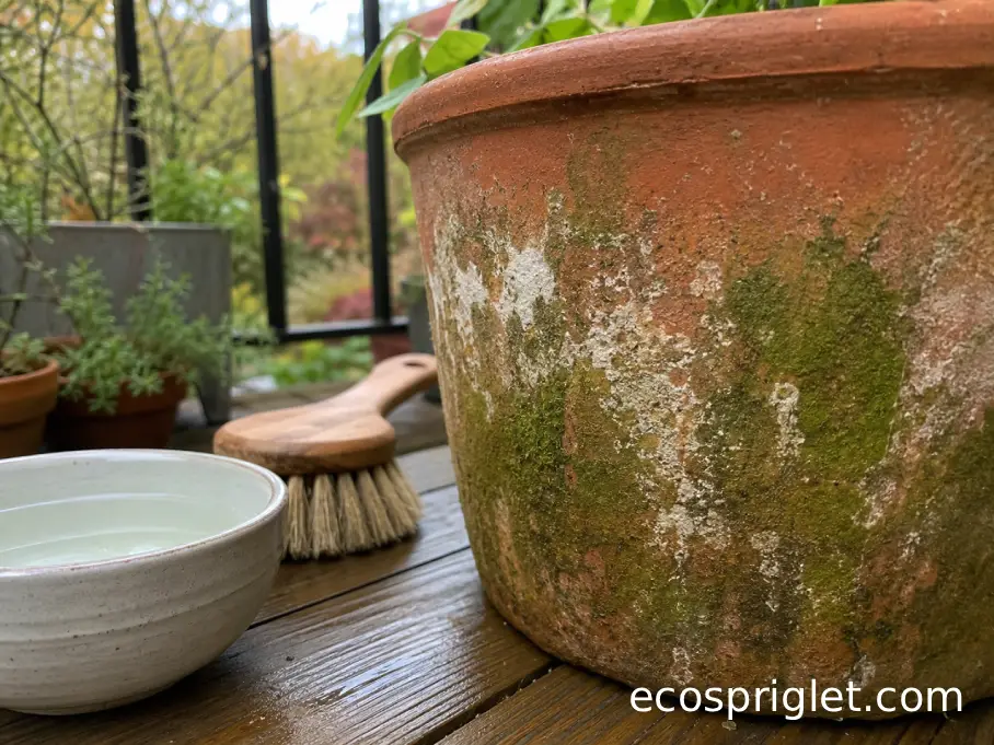 A terracotta pot shows green algae and white mineral crust before scrubbing.