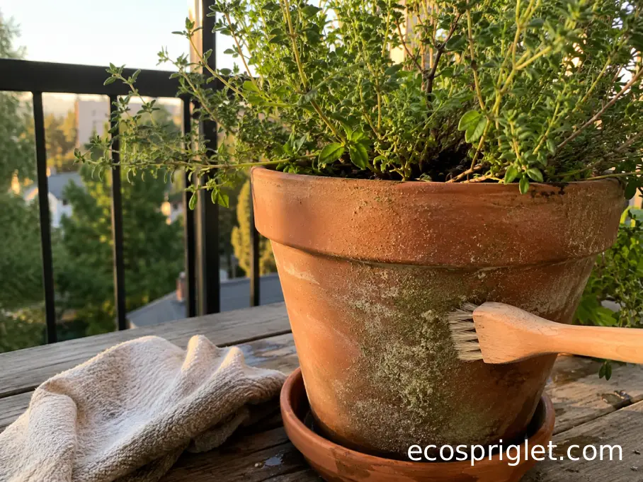 A planted terracotta herb pot is gently cleaned on the outside with a small brush.