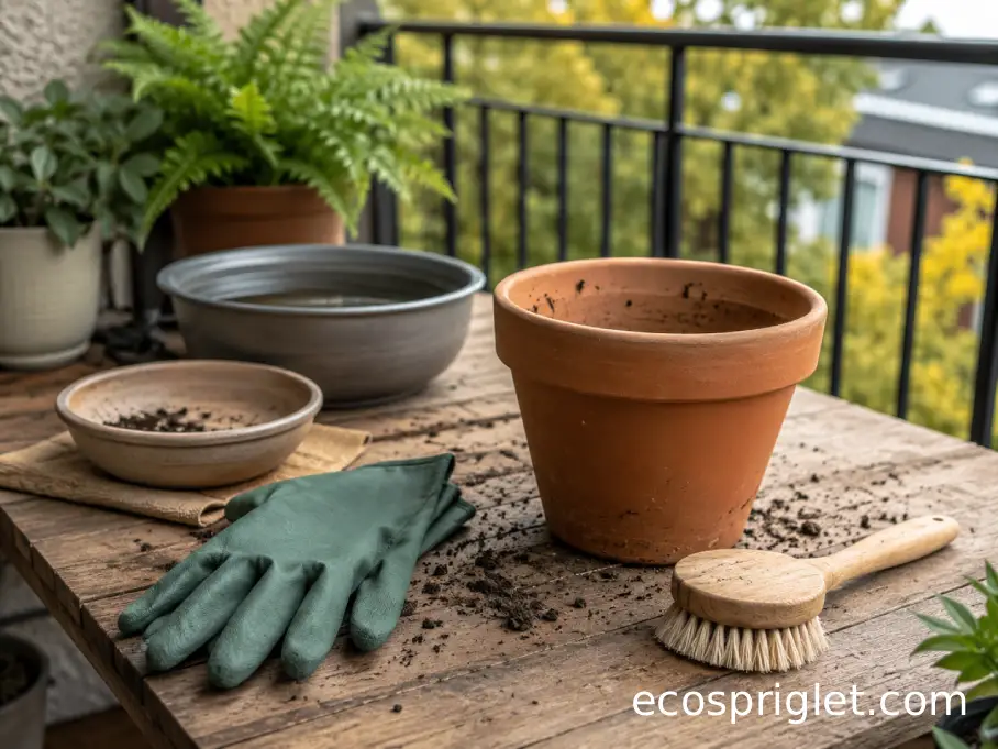 Terracotta pots, gloves, and a scrub brush are arranged for safe apartment balcony cleanup.