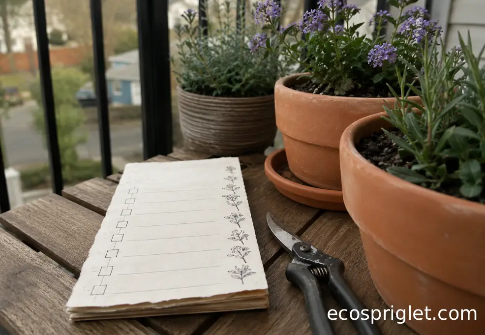 A cat-safe flower checklist sits beside terracotta pots on a small Portland terrace.
