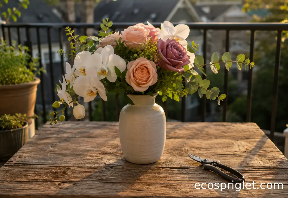 A lily-free bouquet of roses and orchids rests on a wooden terrace table.