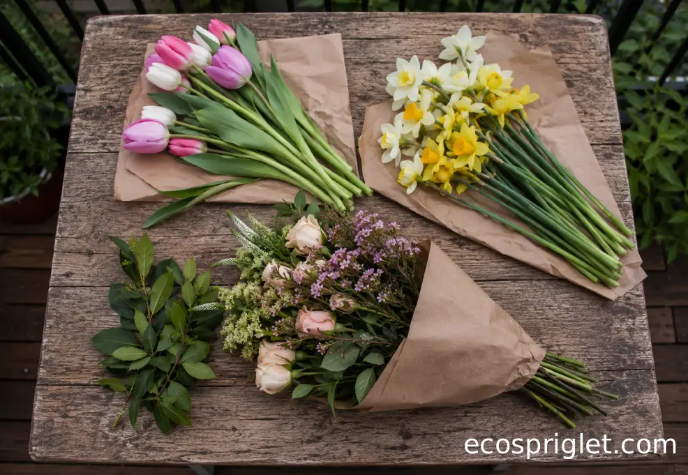Tulips and daffodils are separated from safer flowers on a wooden terrace table.