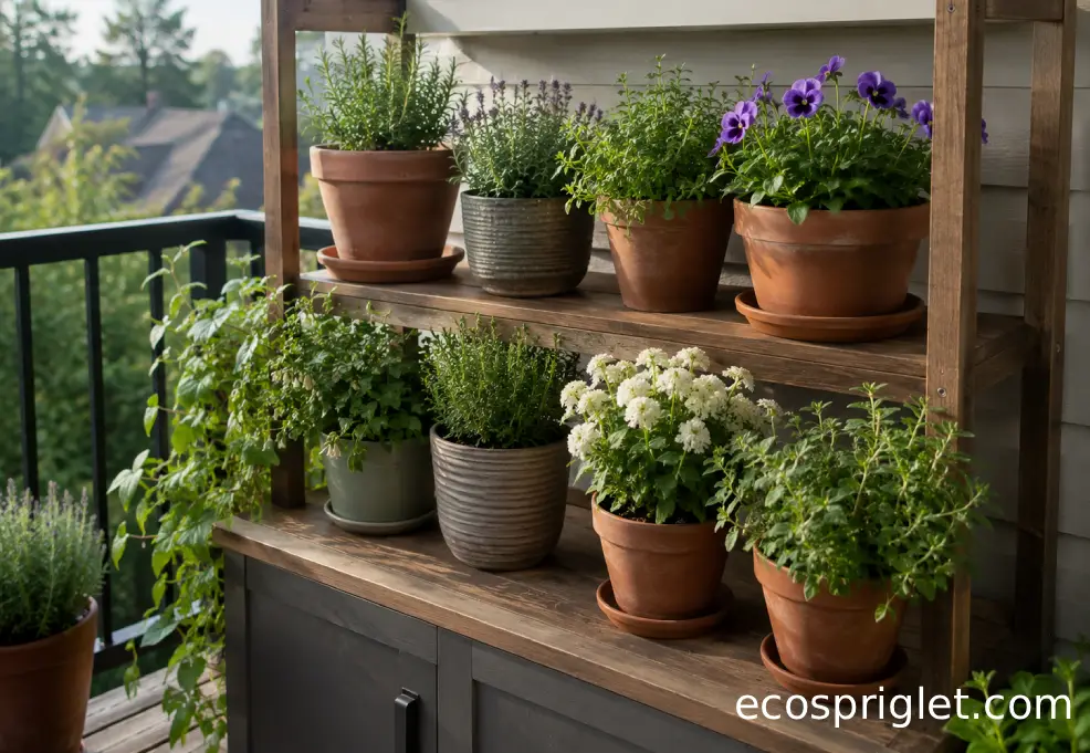 A cat-safer flower shelf holds terracotta pots above a closed storage cabinet on a small terrace.