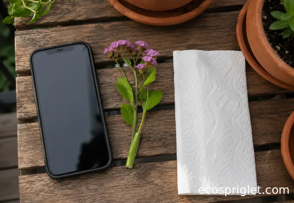 A phone and flower stem sample are arranged for a pet poison control call.