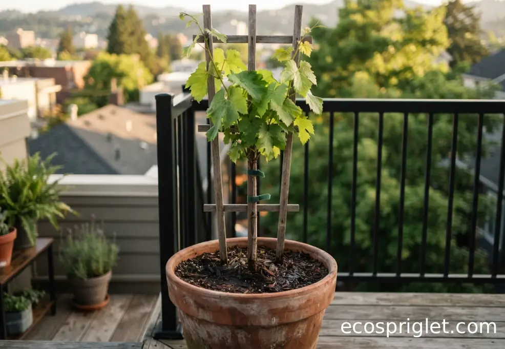 Young potted grapevine trained to a compact trellis on a sunny apartment terrace.