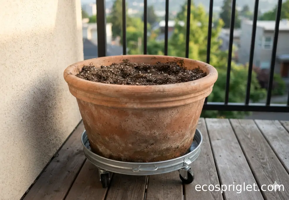 Large stable grapevine container positioned in direct sun beside a balcony wall.