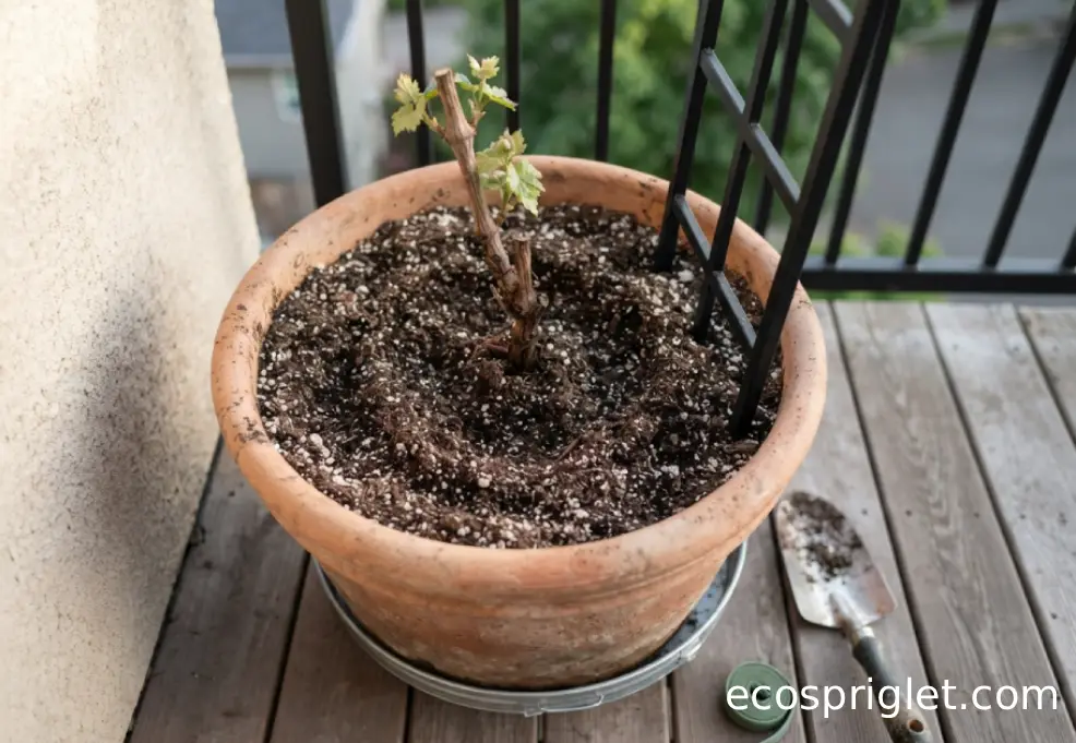 New grapevine planted at nursery depth beside a sturdy pot-mounted trellis.