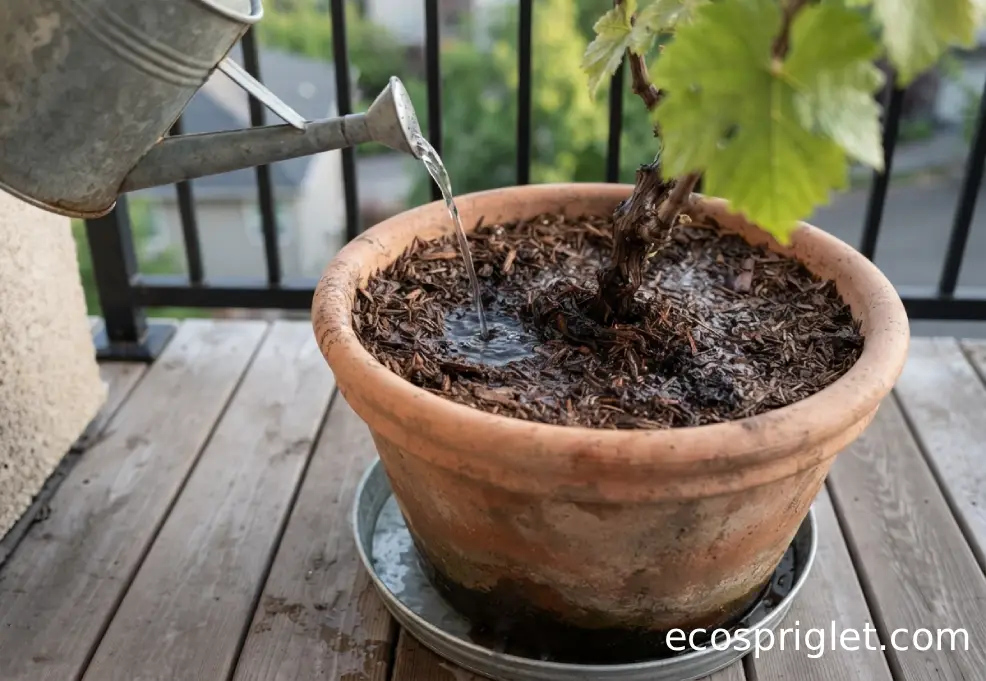 Potted grapevine being deeply watered at soil level with clear drainage below.