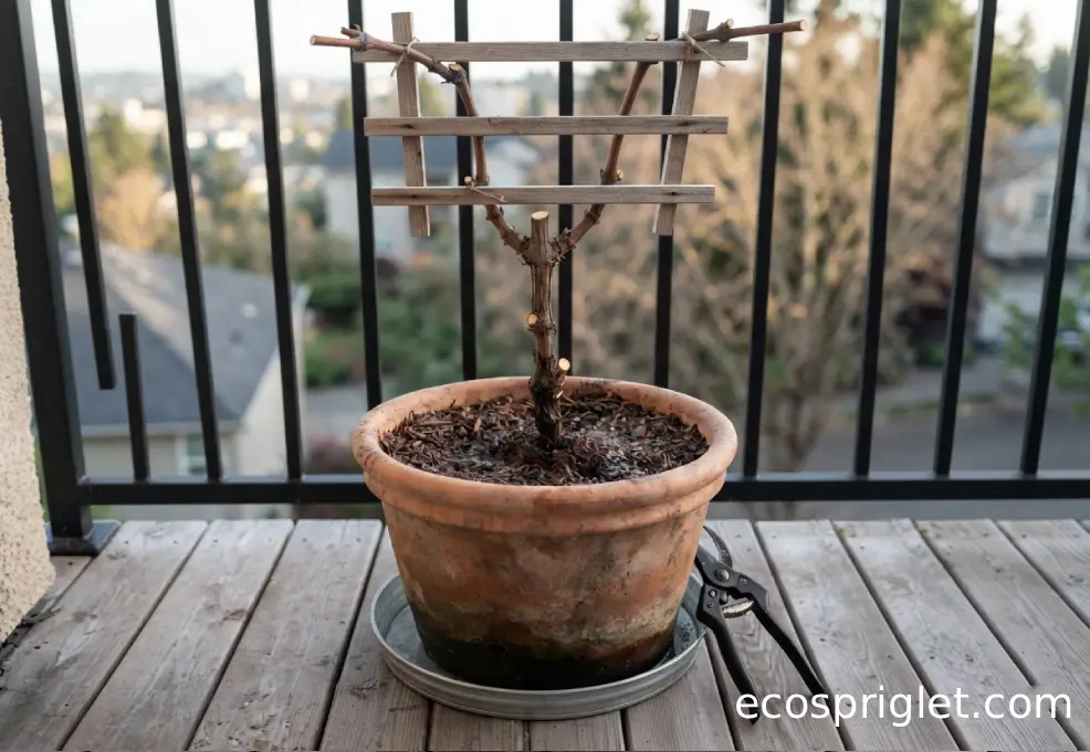 Dormant potted grapevine pruned to one trunk and two short horizontal canes.
