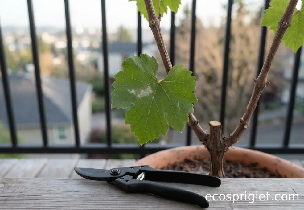 Grape leaf with an early powdery mildew patch beside clean pruning shears.