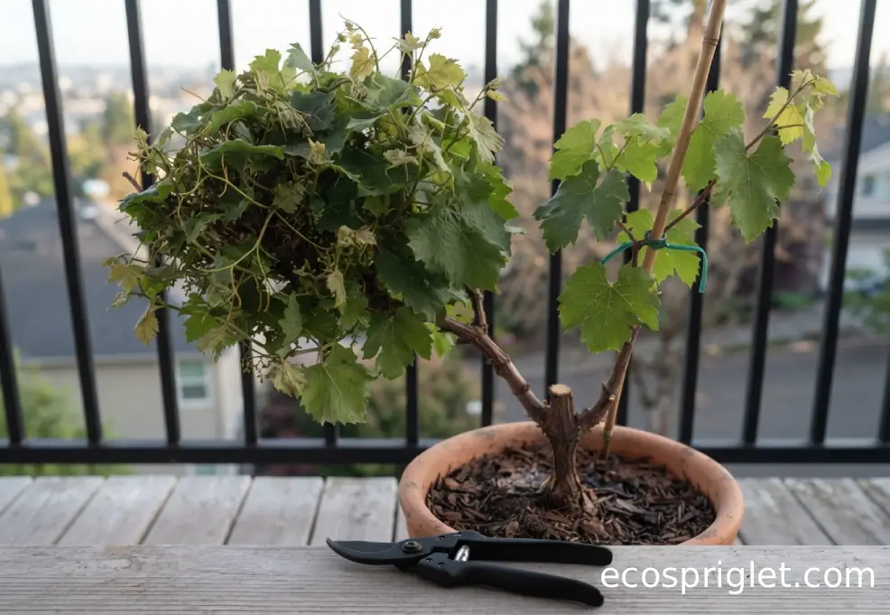 Overcrowded potted grapevine beside a corrected open and neatly tied canopy.