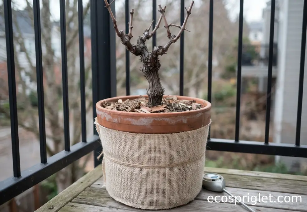 Dormant grapevine container insulated beside a sheltered balcony wall in winter.