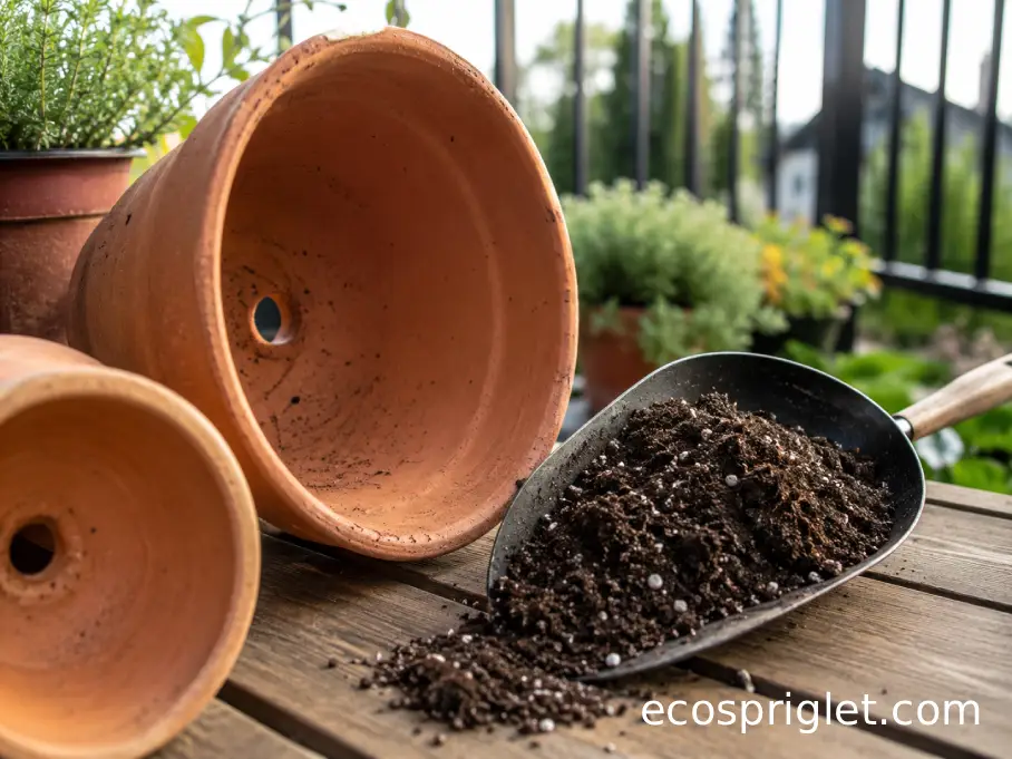 Terracotta pots with drainage holes and fresh potting mix on a small Portland terrace.