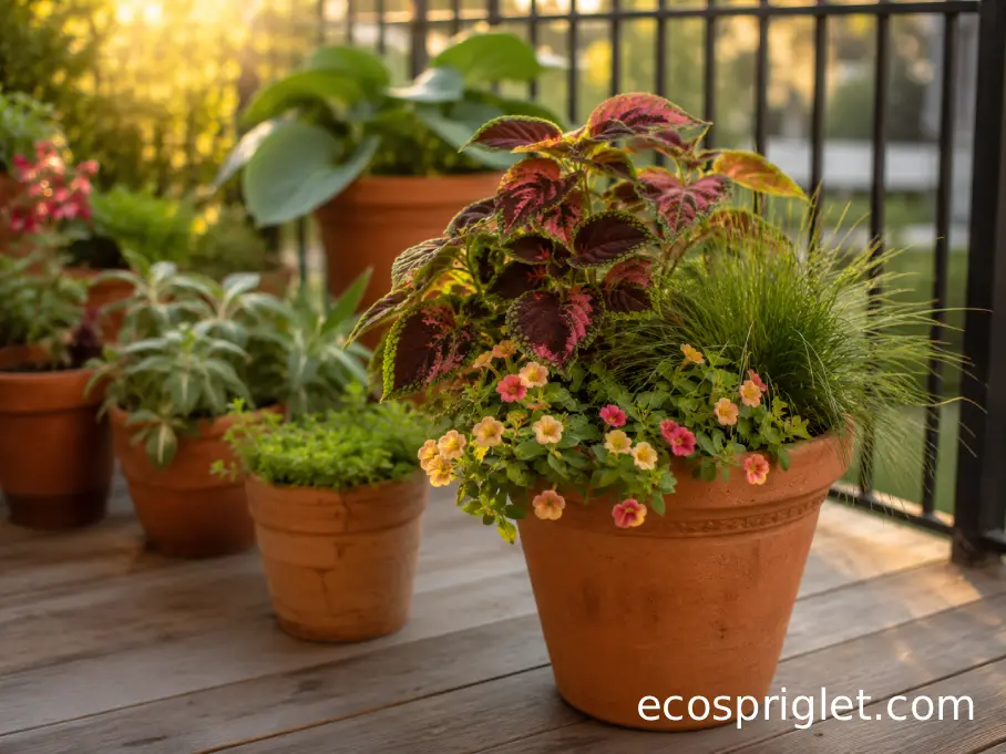 A mixed balcony container with sun and shade plants arranged by pot size.