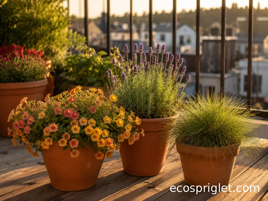 Full-sun container plants in terracotta pots on a warm balcony.