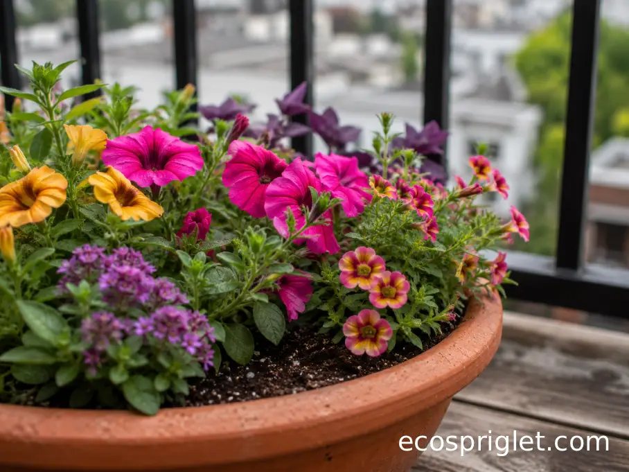 Colorful flowering annuals growing in a terracotta balcony planter.