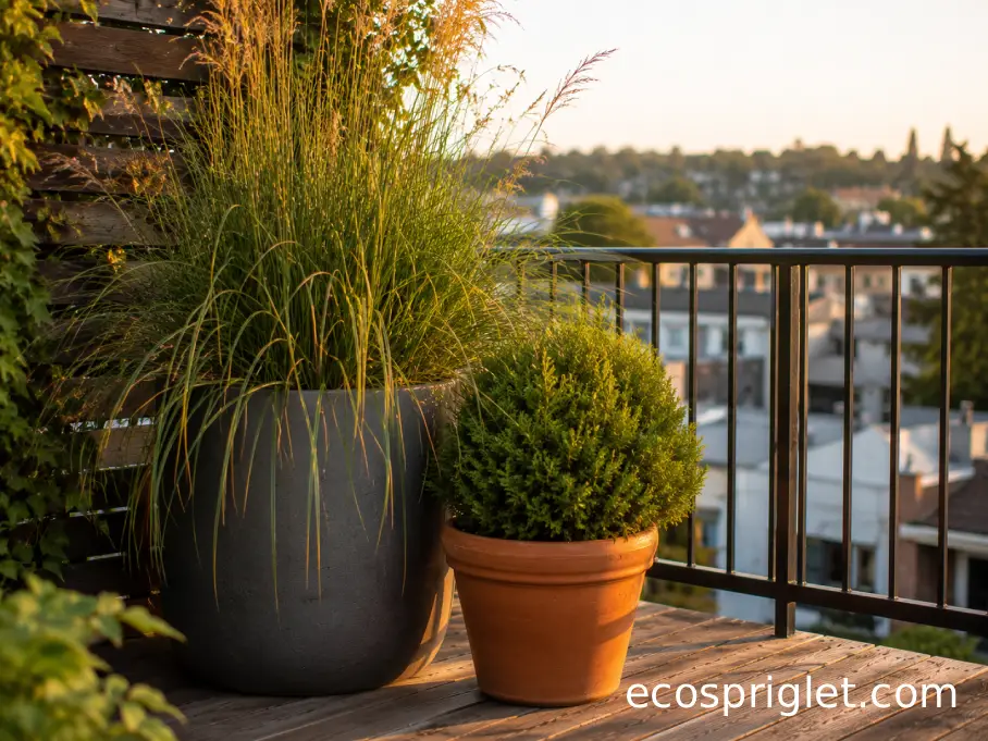 Large potted ornamental grass and dwarf shrub creating privacy on a terrace.