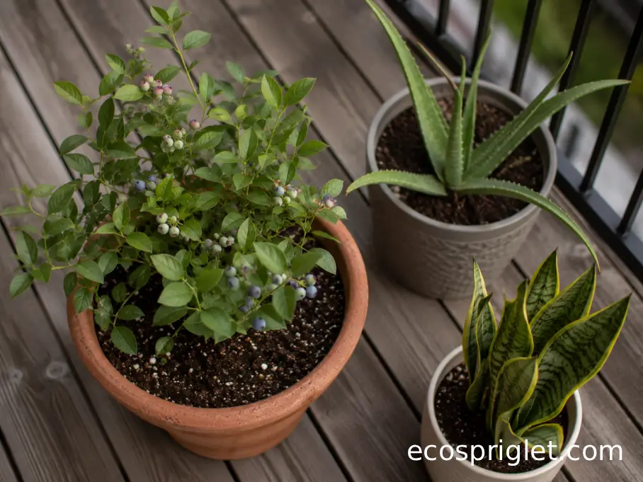 Blueberry shrub, aloe, and snake plant in separate containers on a terrace.