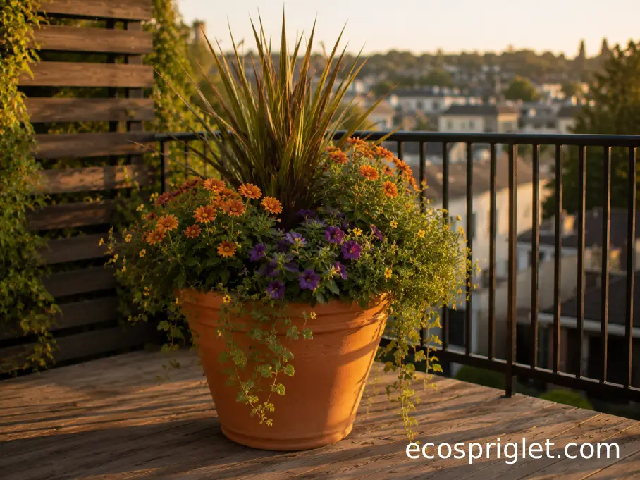 A thriller filler and spiller container arrangement on a small terrace.