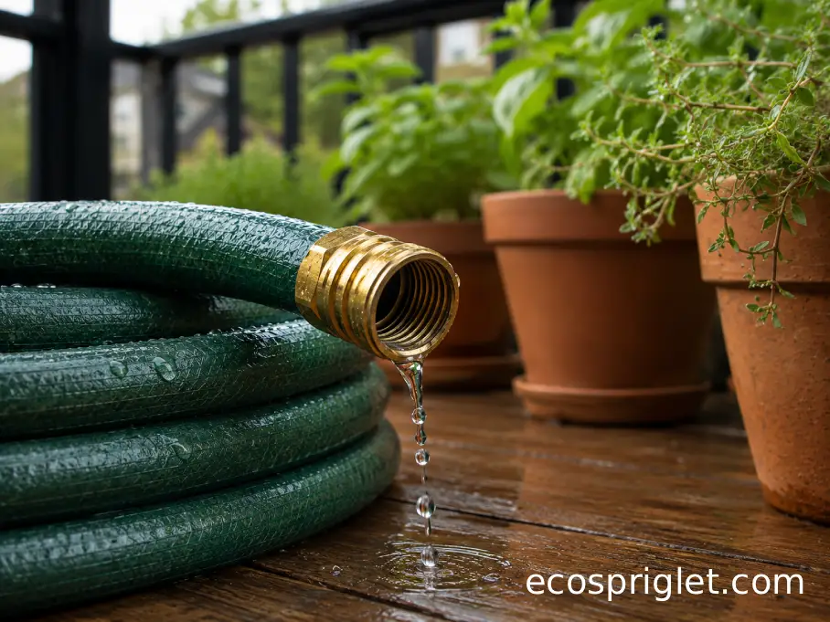 A garden hose connector leaking water on a small terrace deck.