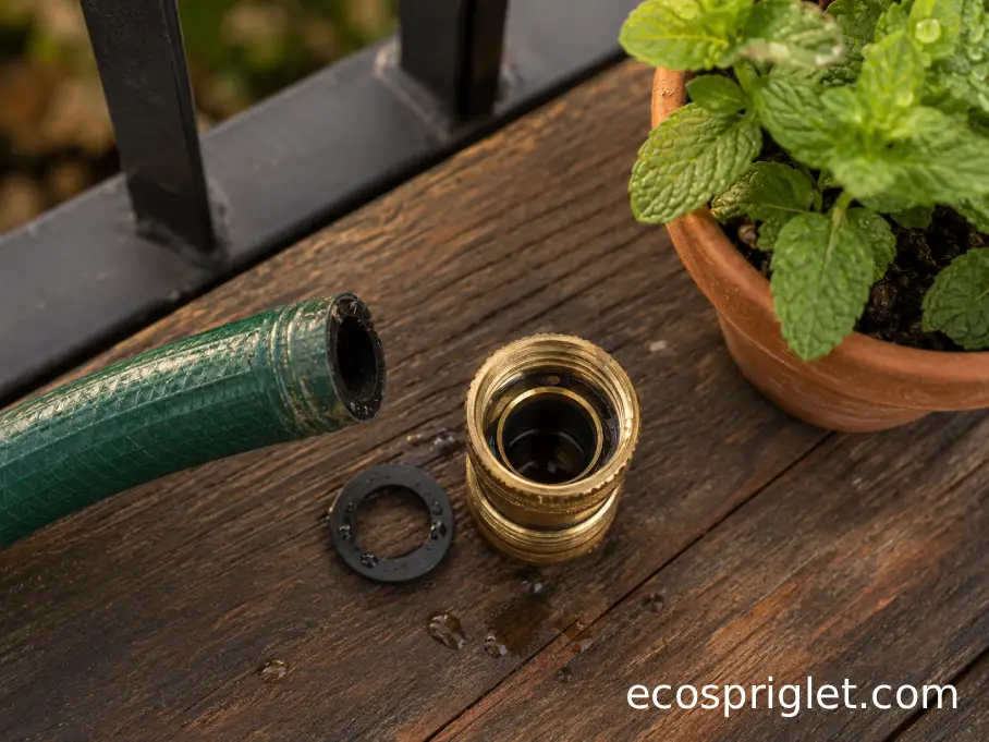 A rubber washer placed next to a garden hose connector for a simple leak repair.