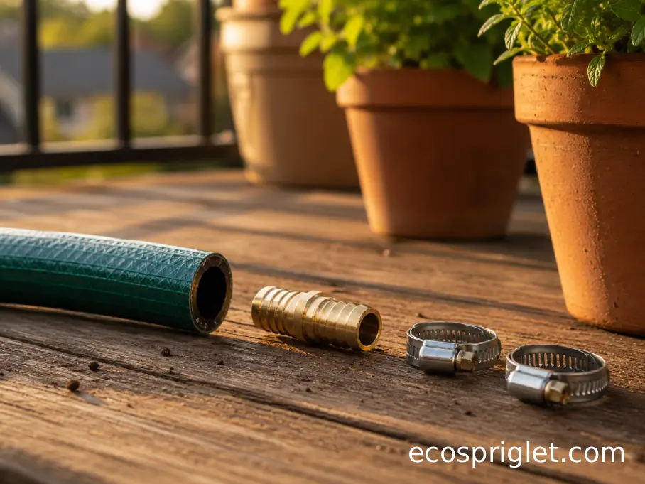A garden hose repair mender positioned between two cleanly cut hose ends.
