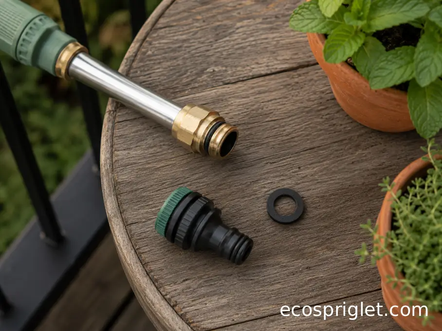 Garden hose nozzle parts and a washer arranged for connector leak troubleshooting.