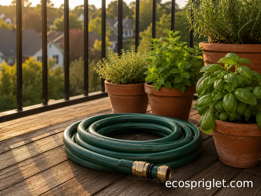 A repaired garden hose coiled neatly beside balcony herb containers.