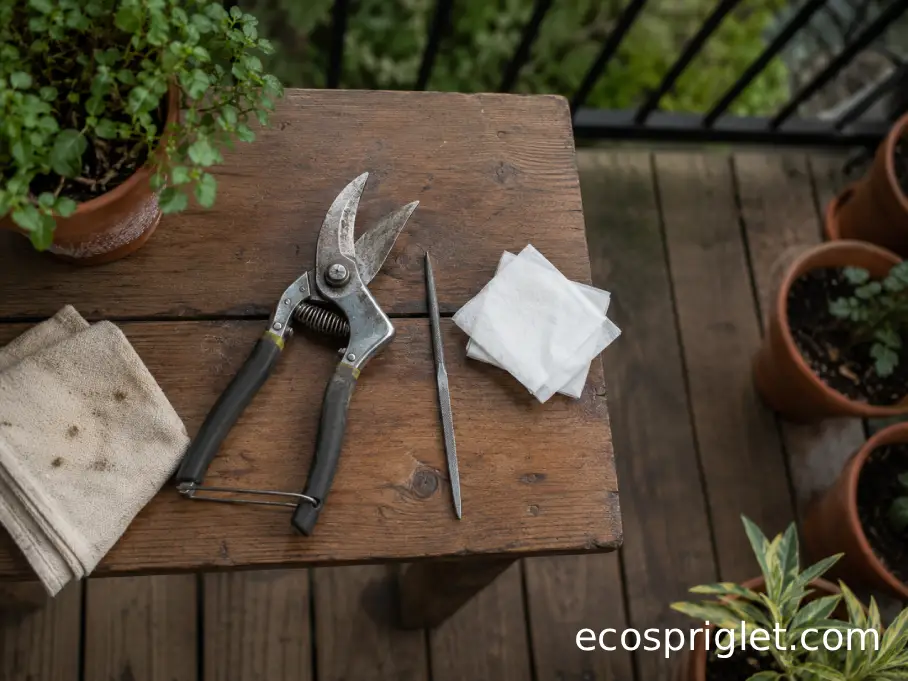 Pruning shears, a diamond file, alcohol wipes, and a towel arranged on a small terrace table before sharpening.