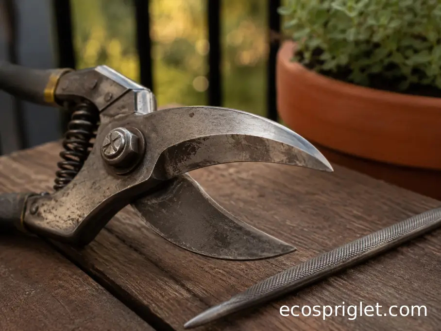 A close view of bypass pruning shears showing the angled beveled cutting edge beside a diamond file.