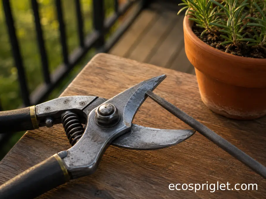 A diamond file aligned with the beveled edge of open pruning shears on a small terrace table.