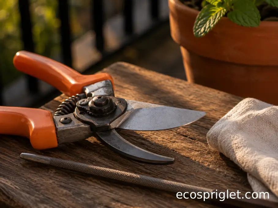 Orange-handled pruning shears, a diamond file, and a cloth on a terrace table ready for maintenance.