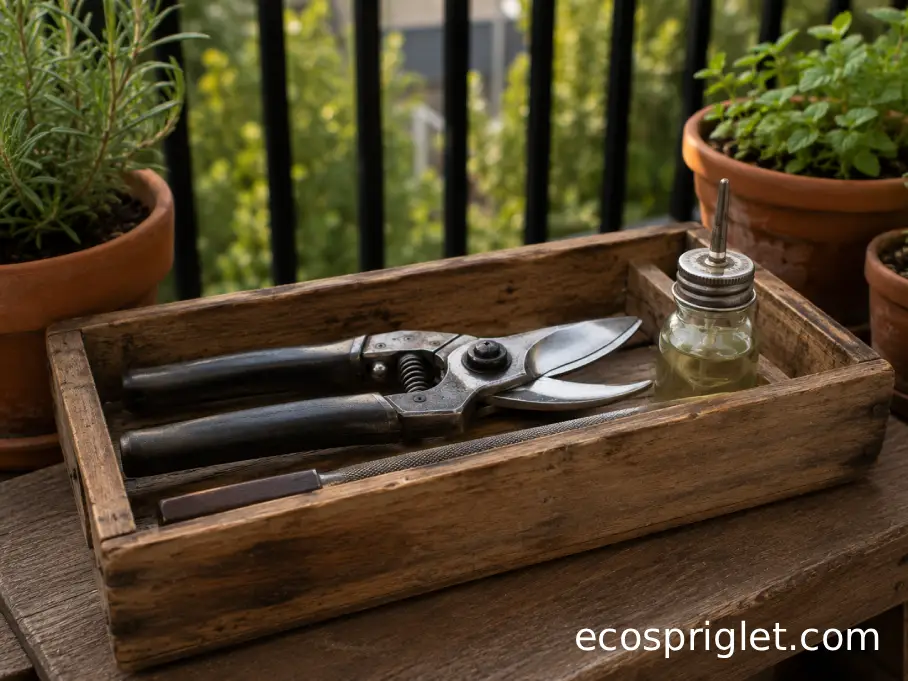 Freshly sharpened pruning shears making a clean cut on a small herb stem in a terracotta pot.