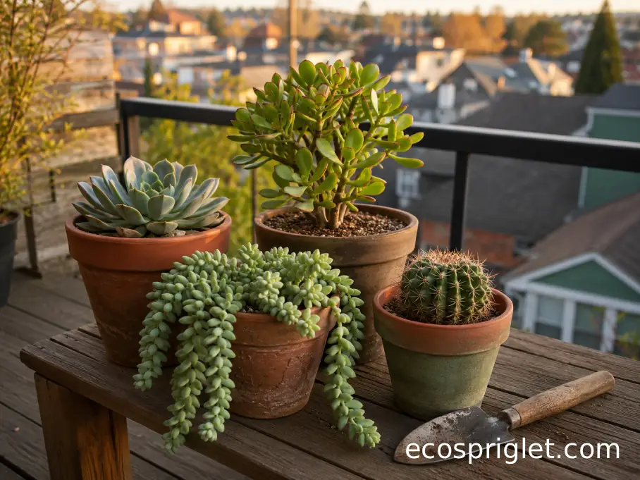 Four common succulent growth forms sit in terracotta pots on a small Portland terrace table.
