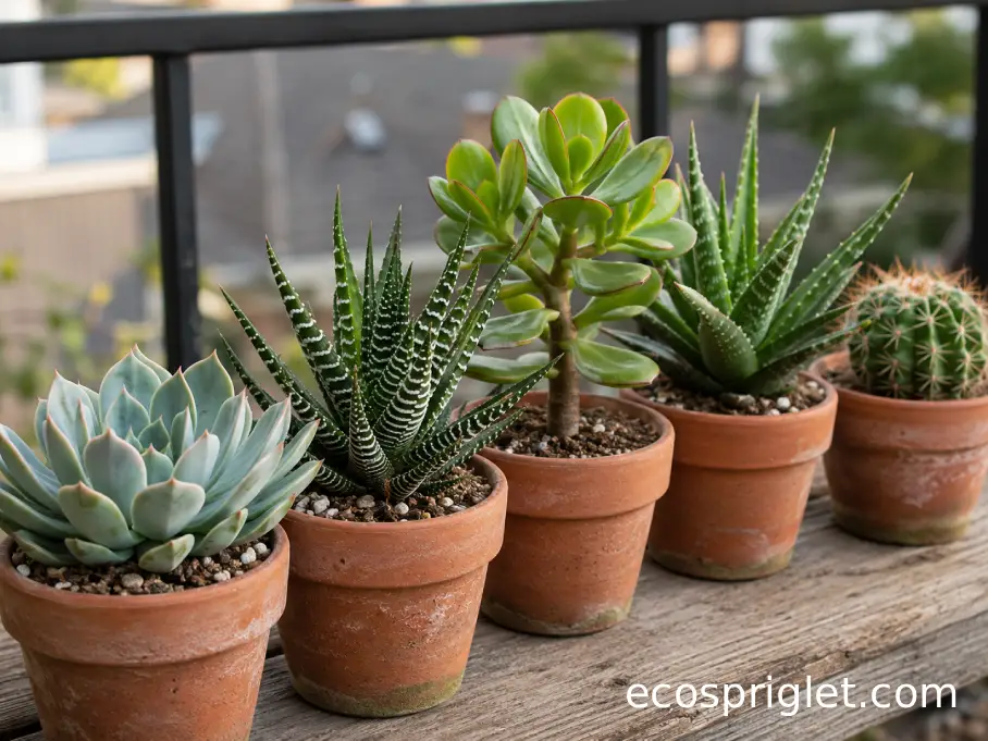 Five common indoor succulents grow in small terracotta pots on a balcony table.