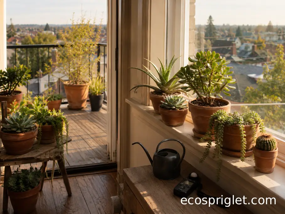 Indoor succulents sit near a bright balcony window with late-afternoon sunlight.