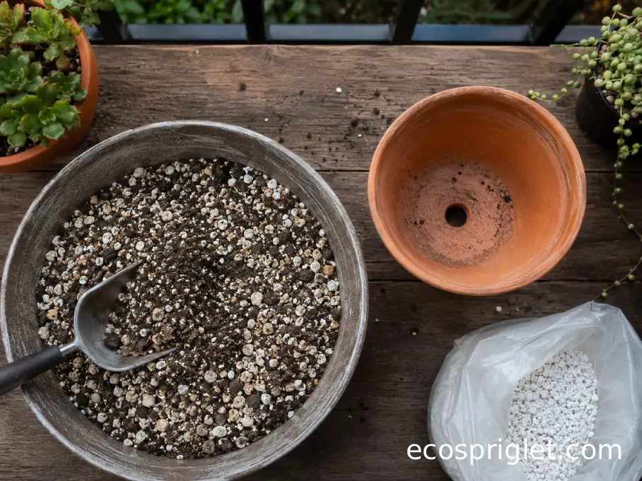 Gritty succulent soil and a terracotta pot with a drainage hole sit on a wooden terrace table.
