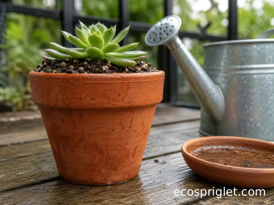A terracotta succulent pot drains after watering beside a metal watering can and saucer.
