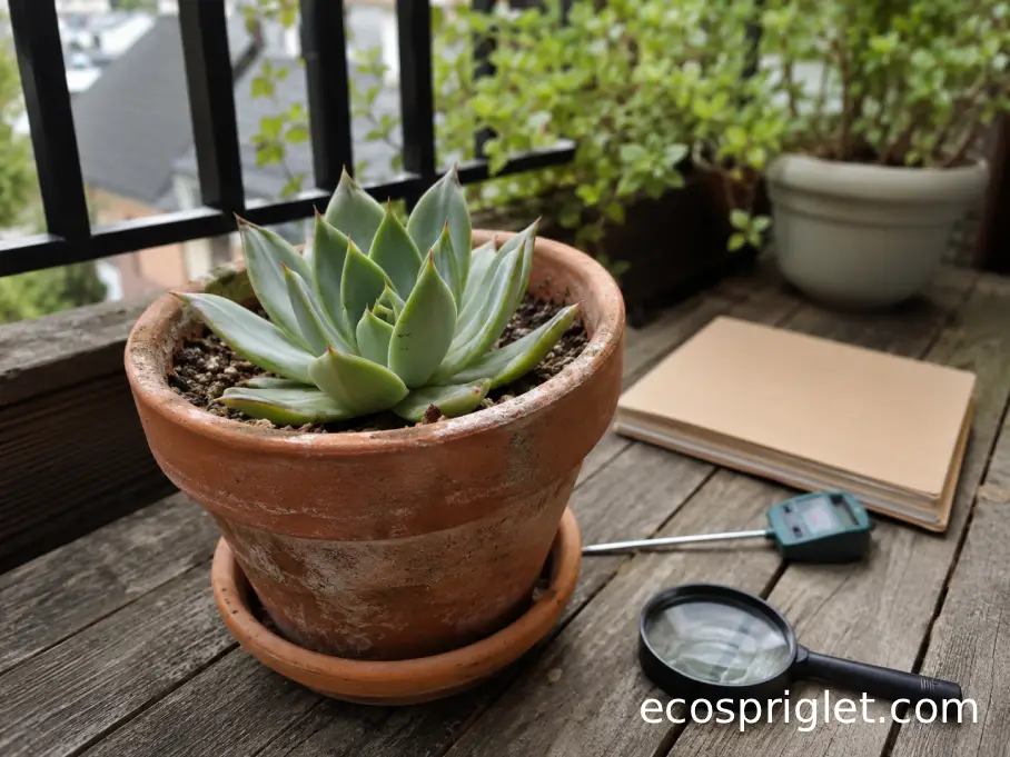 A mystery succulent sits beside a notebook, hand lens, and moisture meter on a terrace table.