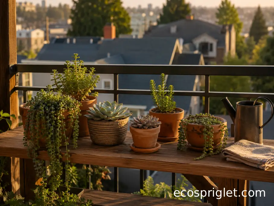 A small balcony shelf holds trailing, rosette, and upright succulents in terracotta pots.