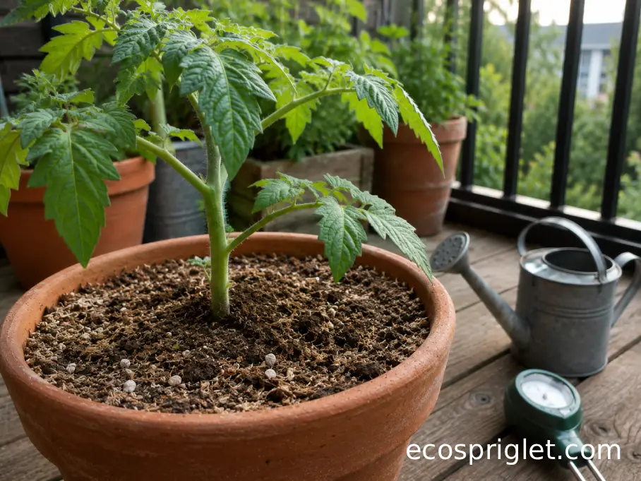A potted tomato plant with dry topsoil is ready for watering on a small balcony.