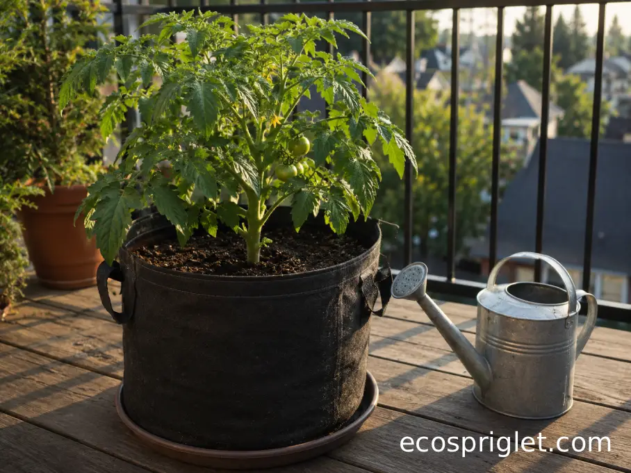 A container tomato plant grows in a fabric grow bag with a watering can nearby on a balcony.