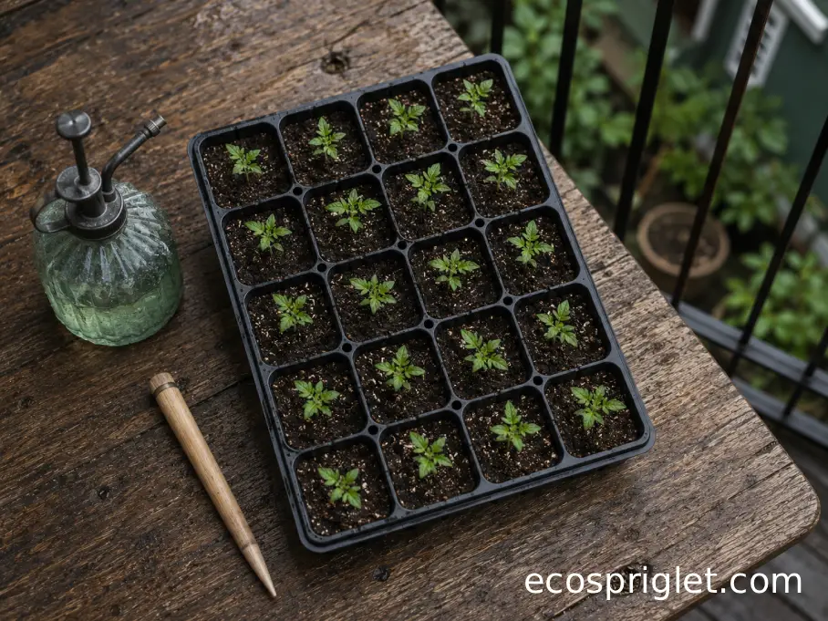 Tomato seedlings grow in a seed tray with moist potting mix on a small terrace table.